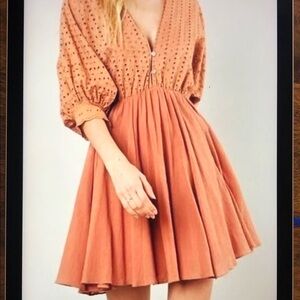 Mustard Seed Eyelet Cotton Balloon Sleeve Mini Dress Terracotta Size M